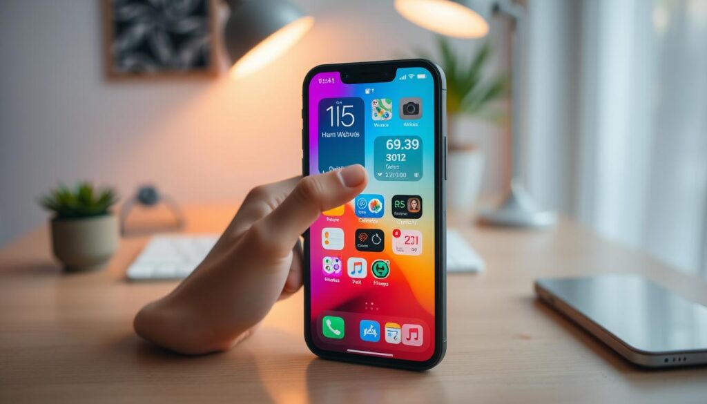 A visually appealing iOS home screen customization, featuring a sleek and modern design. In the foreground, a smartphone displays a vibrant grid of app icons with personalized widgets showcasing weather, calendar, and fitness stats. The middle ground includes a blurred hand gently interacting with the screen, symbolizing user engagement. Background elements highlight a soft, inviting workspace with a minimalist desk setup, including soft lighting from a nearby window, creating a warm atmosphere. Use a focal lens effect to emphasize the smartphone while softly blurring the background. The setting conveys a theme of personalization and technology integration, inspiring creativity and functionality in daily life.