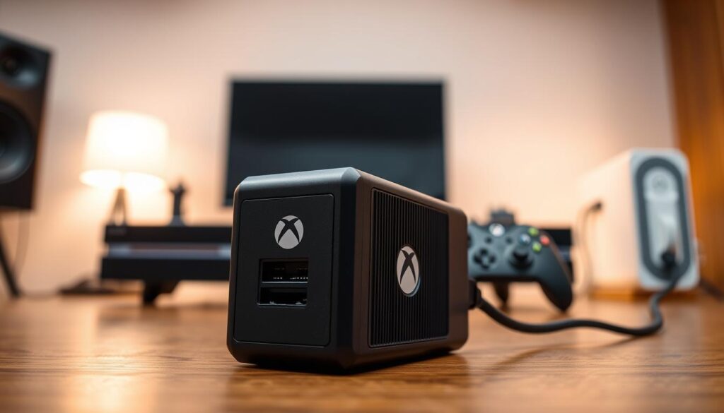 A close-up image of a high-quality Xbox Series S power adapter displayed on a sleek wooden desk. In the foreground, focus on the adapter's intricate design, showcasing its input and output ports, and a branded logo with clear details. In the middle ground, include a gaming console with a clean setup, possibly with a game controller nearby. The background features a softly blurred gaming environment with ambient lighting and a subtle focus on safety equipment, like a surge protector. The lighting should be warm and inviting, creating a sense of security and professionalism. The overall mood is one of caution and preparedness, appropriate for safe usage.
