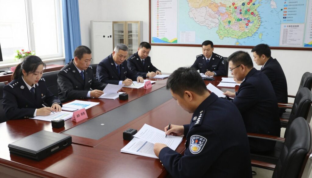 A dramatic scene depicting the theme of "political money enforcement", focusing on a bustling government office filled with solemn figures, dressed in professional business attire. In the foreground, a police officer is reviewing documents, symbolizing the enforcement of anti-corruption laws. The middle ground features a large conference table where officials are discussing strategies, surrounded by charts and reports highlighting transparency gaps. The background shows a wall adorned with maps pinpointing suspected networks of political money. The lighting is bright and clinical, emphasizing seriousness. The angle is slightly overhead, capturing the entire scene with a sense of urgency and diligence, reflecting a mood of determination and accountability in the fight against corruption.