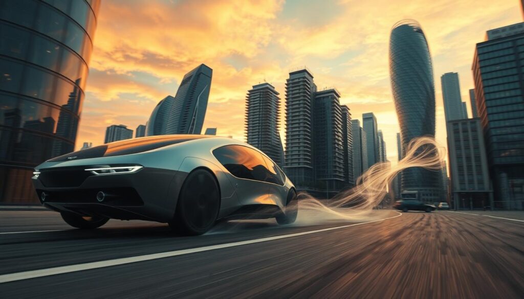 A dynamic scene depicting the concept of inversion from the film "Tenet." In the foreground, a sleek, futuristic vehicle appears to be moving in reverse, with waves of distorted time visually emanating from it, suggesting motion against the flow. The middle ground features a complex urban landscape, partially reflected in glass façades, with several buildings spiraling upwards, hinting at a fractured reality. In the background, a dramatic sky transitions from dusk to dawn with vibrant hues of orange and blue, enhancing the time-bending atmosphere. Soft lighting enhances the sleekness of the vehicle and buildings, while sharp shadows create depth. Capture this from a low angle to emphasize the grandeur of the inverted scene, ensuring a captivating and energetic mood, seamlessly blending science fiction with a sense of urgency and exploration without any text or watermarks.