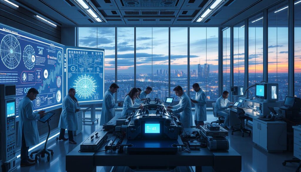 A futuristic scene depicting a high-tech laboratory filled with quantum technology inspired by "Avengers: Endgame." In the foreground, a team of diverse scientists in professional attire work collaboratively on an advanced quantum device, illuminated by soft blue and white lights that create a glowing effect. The middle ground features pulsating holographic screens displaying complex data and schematics of time manipulation, along with sleek machinery exuding an aura of innovation. In the background, large glass windows reveal a distant view of a futuristic city skyline under a twilight sky, hinting at the endless possibilities of technology. The atmosphere is charged with excitement and discovery, emphasizing the epic battle between good and evil through the lens of cutting-edge science. Use a slightly low-angle perspective to enhance the grandeur of the scene, ensuring a cinematic quality.