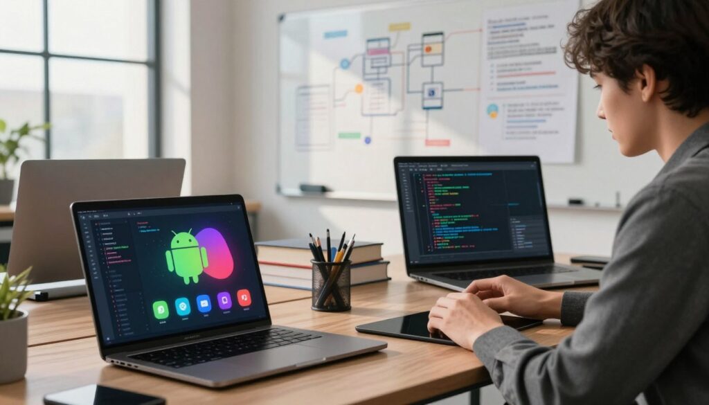 A modern workspace featuring a digital interface displaying an Android application in development, surrounded by various tech gadgets and coding books. In the foreground, a laptop screen shows colorful app icons and a code editor with highlighted syntax. To the right, a professional-looking person in business attire, focused on integrating additional features with lines of code visible on their screen, exuding a sense of productivity. The middle ground reveals a whiteboard filled with diagrams and notes outlining app functionality. The background includes large windows letting in soft, natural light, casting gentle shadows, creating a vibrant and inspiring atmosphere. The overall mood is one of innovation and collaboration in technology.