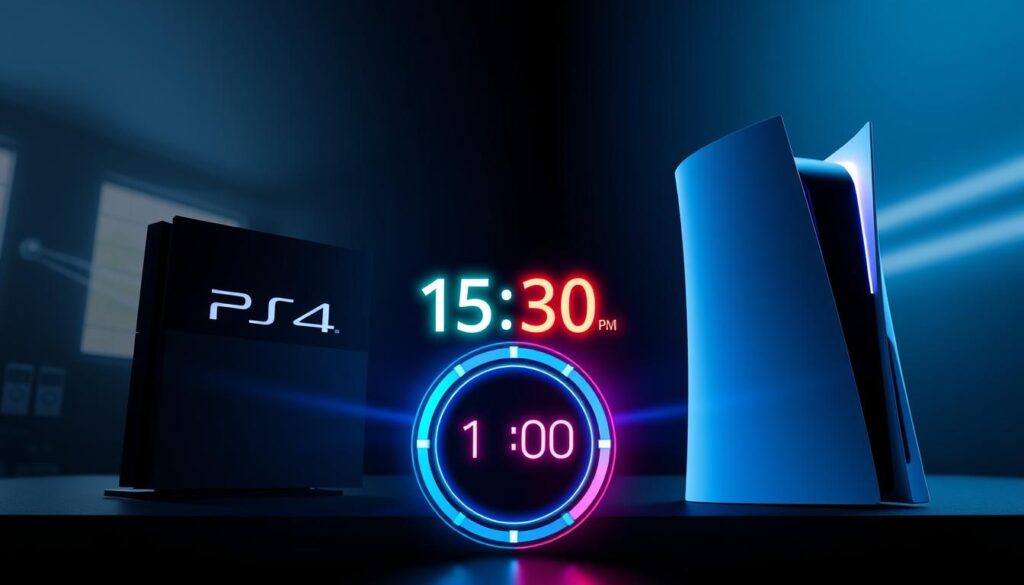 A striking comparison of loading times between a PS4 and a PS5, showcasing a split screen effect. On the left, the PS4 console is displayed with a dark, slightly blurry background, representing the longer loading times, while on the right, the PS5 gleams under bright, futuristic lighting, highlighting its speed and efficiency. In the foreground, a timer graphic indicates a dramatic difference, with 15 seconds on the left and 1 second on the right, illustrated with vibrant colors. The overall atmosphere should evoke excitement and innovation, capturing the essence of gaming evolution. The image should be composed from a slight bird’s eye view, enhancing the contrast between the two consoles, with smooth, modern lines emphasizing the sleek design of the PS5.