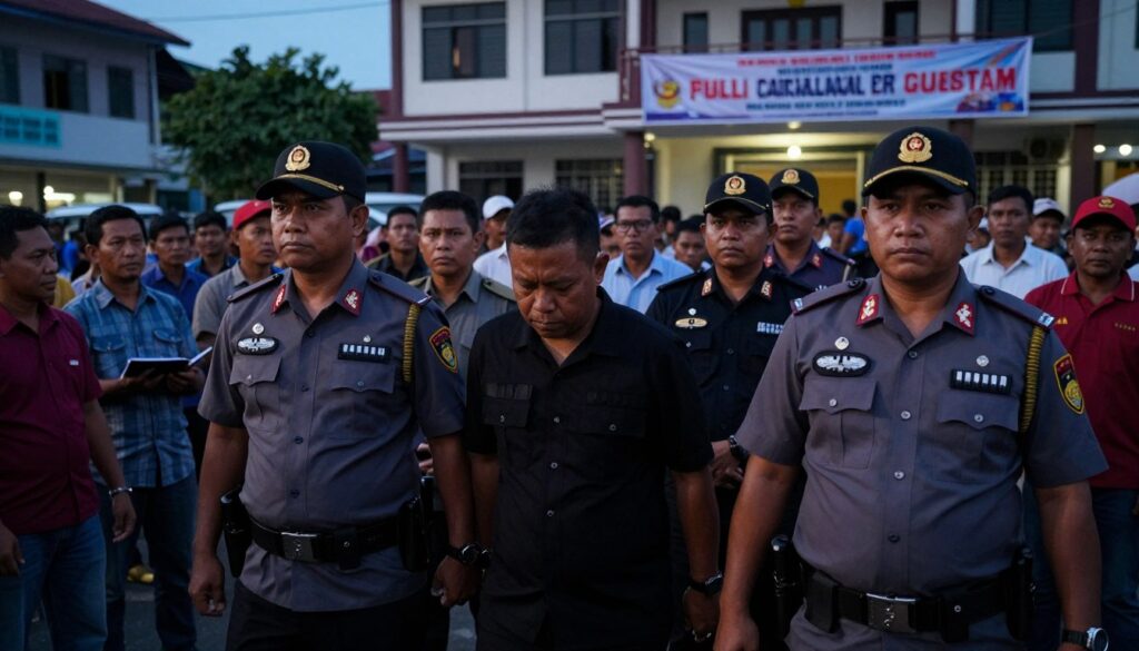 A tense and dramatic scene depicting a law enforcement operation in Barito Utara. In the foreground, a group of professional officers in smart uniforms is apprehending a suspect in a bustling urban environment. Their expressions convey seriousness and determination. The middle ground shows a chaotic scene of bystanders observing the arrest, some taking notes, while a few appear concerned. The background features a government building, symbolizing justice, with banners for the local election visible. The lighting is dim yet focused, highlighting the subjects under soft but dramatic shadows, reminiscent of an evening setting. The atmosphere is charged with tension, emphasizing the gravity of political corruption and law enforcement effort.