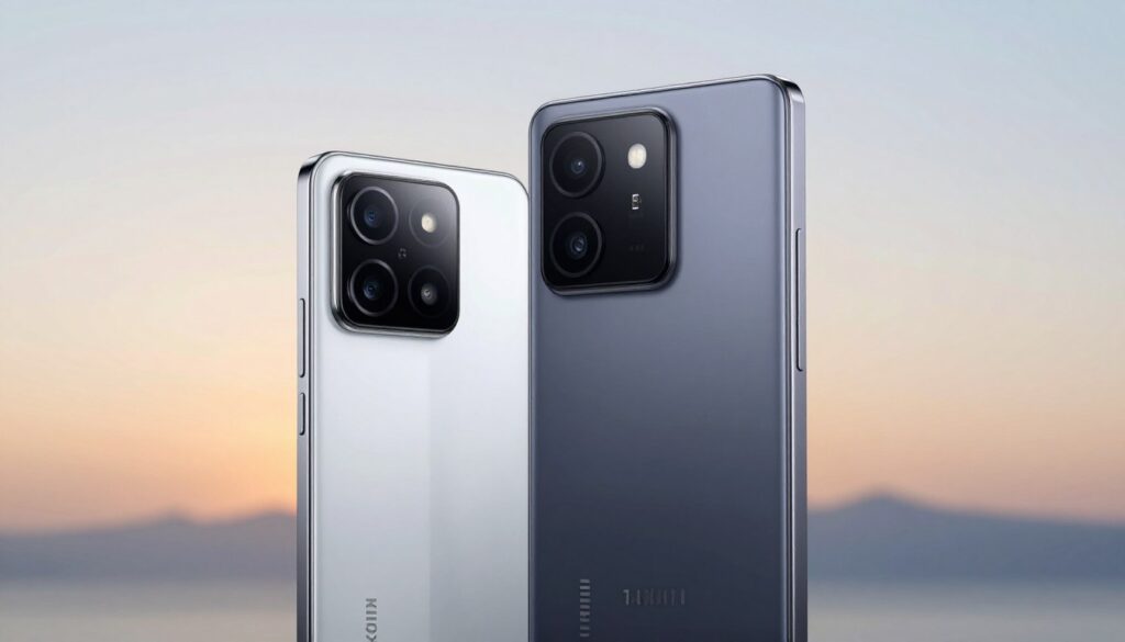 A detailed comparison of flagship smartphone designs, showcasing a Xiaomi 14 and a Samsung S24 side by side. In the foreground, highlight the sleek contours and premium materials used in the build, capturing reflections and textures of their glass backs and metal frames. In the middle ground, illustrate a subtle gradient backdrop blending warm and cool tones to symbolize the contrast between the two designs. Enhance the scene with soft, diffused natural lighting to accentuate the devices. The angle should be slightly tilted to emphasize depth and dimension, creating an inviting atmosphere. Ensure a focus on the quality and craftsmanship of each phone, conveying a sense of innovation and sophistication. No text or branding should be present in the image.