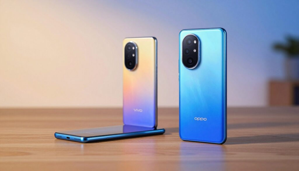 A dynamic comparison of the sleek designs and vibrant screens of Vivo and OPPO smartphones, arranged side by side on a stylish wooden surface. In the foreground, the phones showcase their unique design features, with the Vivo phone leaning slightly to the left, and the OPPO phone to the right, both reflecting the soft, warm glow of ambient lighting. The middle ground features a softly blurred gradient background, hinting at a modern, tech-savvy environment, where elegance meets innovation. Utilize a shallow depth of field to emphasize the curves and details of the smartphones, shot at a slight angle for a captivating perspective. The mood should convey a sense of sophistication and excitement, ideal for tech enthusiasts.