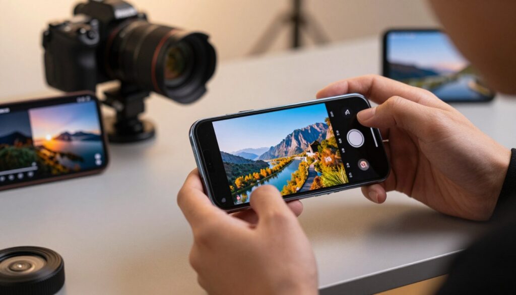 A high-tech flagship smartphone on a sleek, modern table, with its camera lens prominently displayed. In the foreground, a photographer in professional attire is adjusting the camera settings, showcasing the intricate details of the camera interface. The middle ground features vibrant images on the smartphone screen, depicting stunning photographs and video captures highlighting its capabilities. In the background, a soft-focus studio setting with warm, diffused lighting emphasizes the professionalism of photography and videography work. The atmosphere is dynamic yet sophisticated, suggesting an exciting testing environment. The angle is slightly tilted to create an engaging view that draws the viewer into the scene, with a close-up focus on the camera features to convey a sense of innovation and excellence in mobile photography.