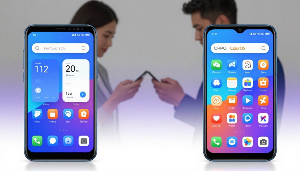 A visually engaging comparison of smartphone software interfaces featuring Vivo's Funtouch OS on one side and OPPO's ColorOS on the other. In the foreground, display two smartphones side by side, each showing distinct home screens and app arrangements that highlight their unique design elements. In the middle, add a subtle gradient to differentiate the two interfaces, with vibrant colors representing Funtouch OS and a sleek, modern palette embodying ColorOS. In the background, softly blurred silhouettes of a tech-savvy person examining the devices can be included, dressed in professional attire, suggesting an analytical atmosphere. The lighting should be bright and evenly distributed, enhancing the colors and details of the software interfaces, while maintaining a polished and professional mood.